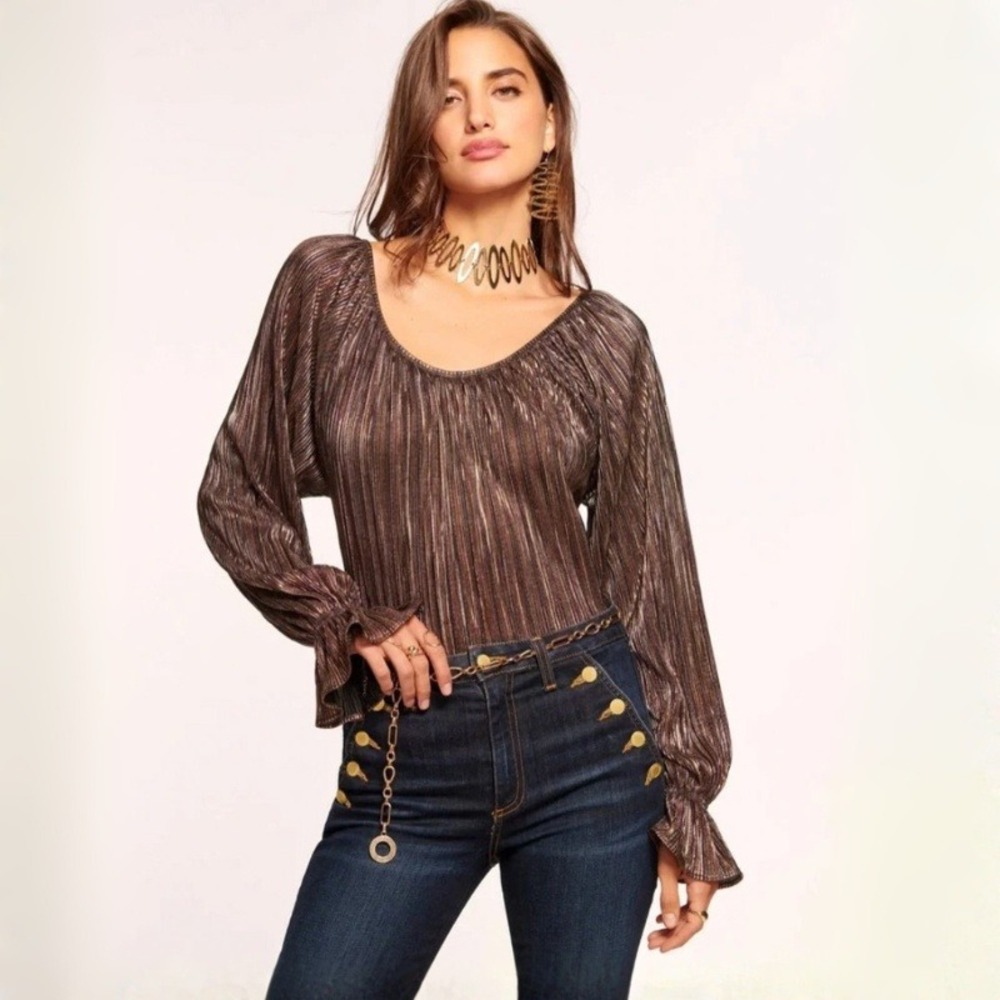 Ramy Brook Presley Top Metallic Plisse Smocked Cuff Bronze Gold Size Medium NWT